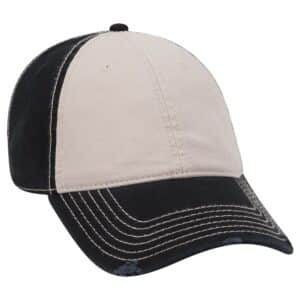 Six Panel Twill Distressed Cap Black Khaki Black