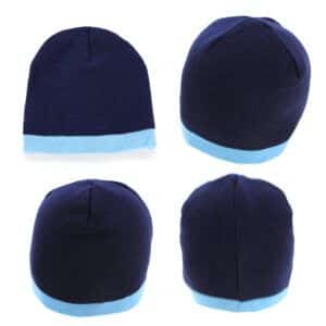 Acrylic two-tone beanie featuring a navy upper with a light blue cuff. Includes a logo.