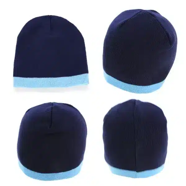 Acrylic two-tone beanie featuring a navy upper with a light blue cuff. Includes a logo.