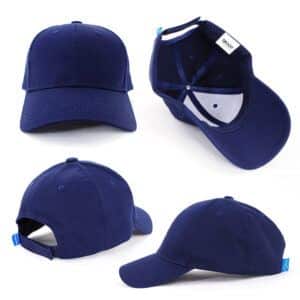 A navy blue cap with a structured design, featuring a curved brim and an adjustable back. Includes a logo.
