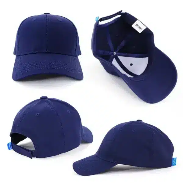 A navy blue cap with a structured design, featuring a curved brim and an adjustable back. Includes a logo.
