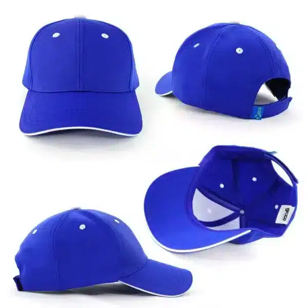 A blue PET/Cotton sandwich cap with a curved brim and a logo on the front.