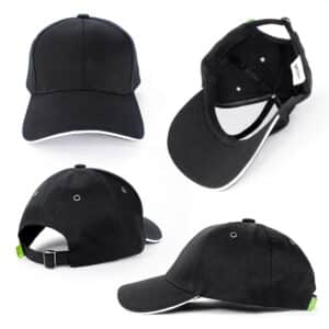 A black organic cotton sandwich cap with a contrasting white brim and a logo on the side.