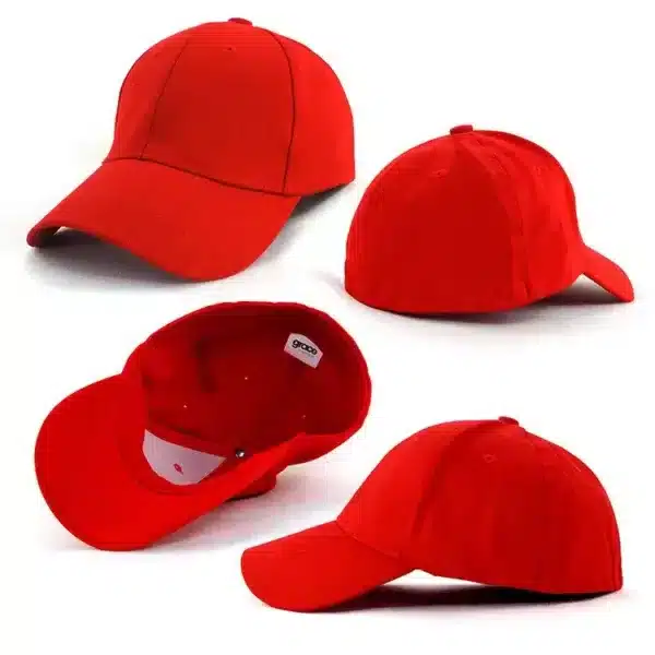 A red cotton spandex cap with a curved peak and a structured design. It features a logo on the front.