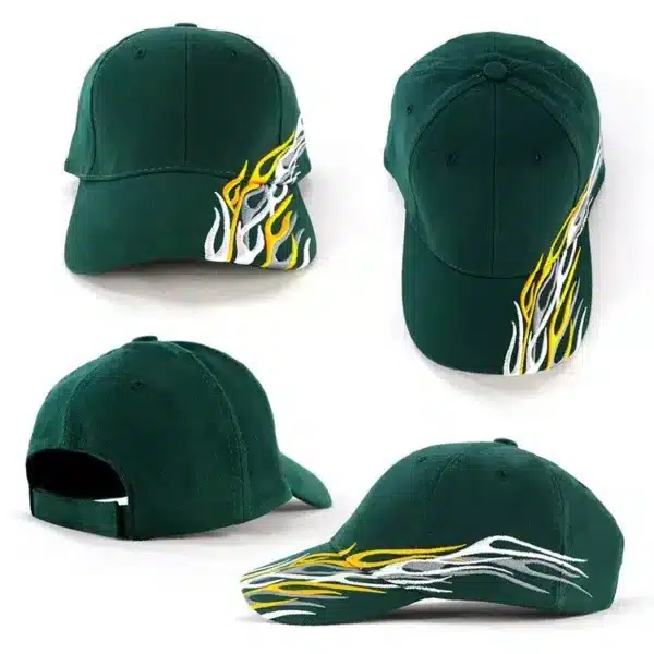 A green cap featuring striking yellow and white flame designs on the brim, with a logo on the front.