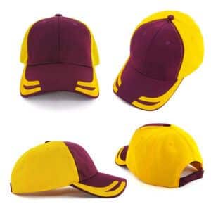 A maroon and yellow mesh knit cap featuring a structured design and a logo on the front.