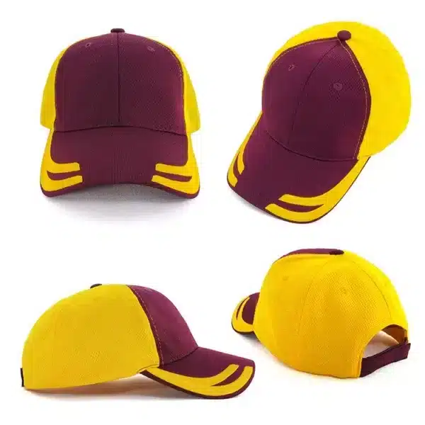 A maroon and yellow mesh knit cap featuring a structured design and a logo on the front.