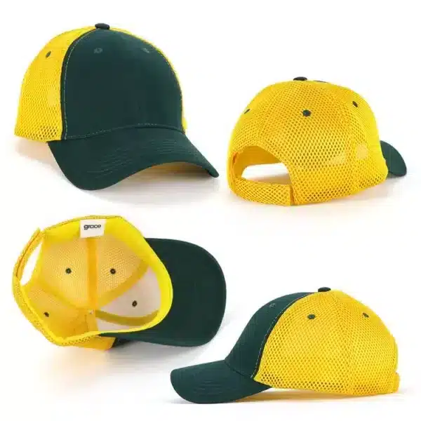 A green and yellow cap with a mesh back, featuring a logo on the front.