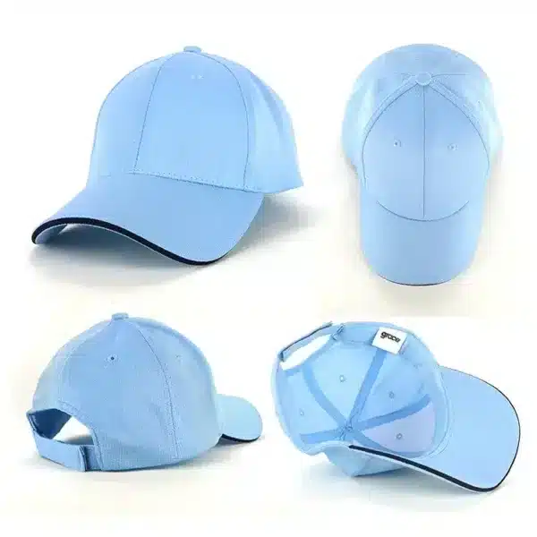 A structured cap in light blue with a curved peak and a contrasting trim, featuring a logo on the front.