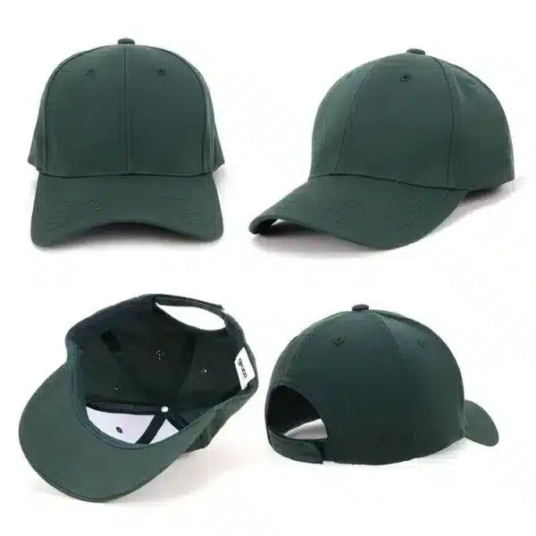 A green sports cap featuring a rounded crown and a curved brim, with a logo on the front.