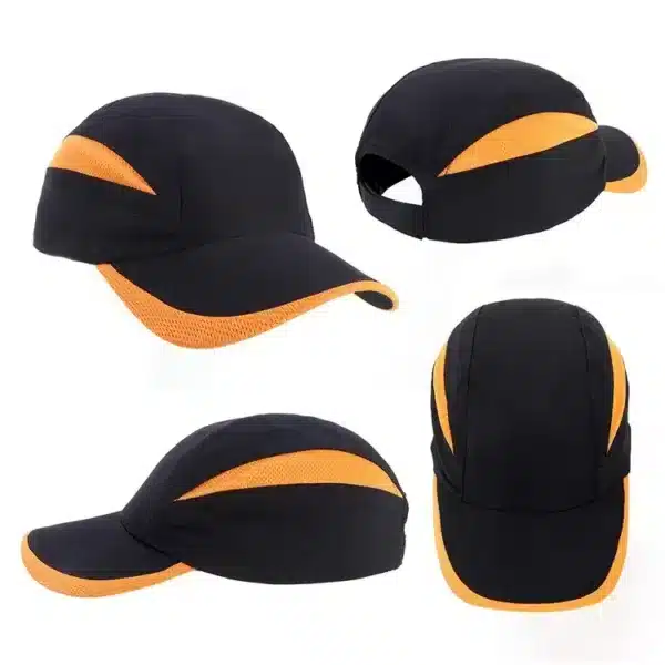 A black and orange Summit Microfibre 7Panel Cap with a logo on the side.