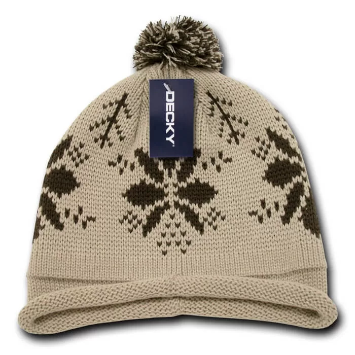 Snowflake Roll Up Beanie-Stone/Brown