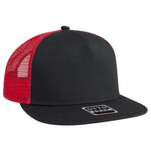 Five Panel Cotton Twill Mesh Flat Cap Black Black Red