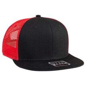 Six Panel Cotton Twill Mesh Flat Cap Black Black Red