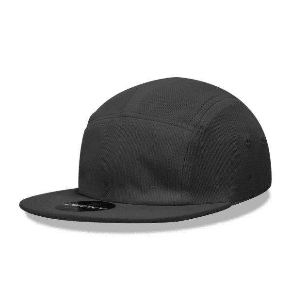 A dark grey 5 Panel Low Pro Acry/Poly Racer Hat with a flat brim and a logo on the front.