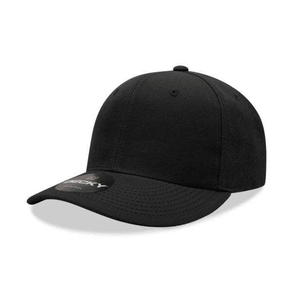 A black 6 Panel Mid Pro Acry/Poly Snapback cap with a branded patch on the front.