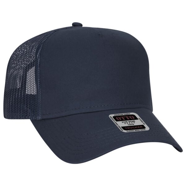 A navy 5 panel trucker hat featuring a mesh back and an attached logo sticker on the front.