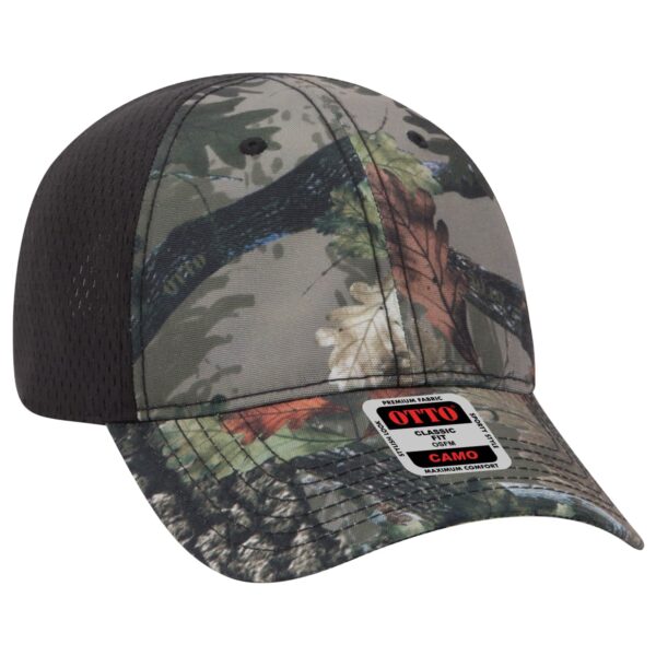A camouflage patterned 6-panel baseball cap with a black mesh back and a branding logo.