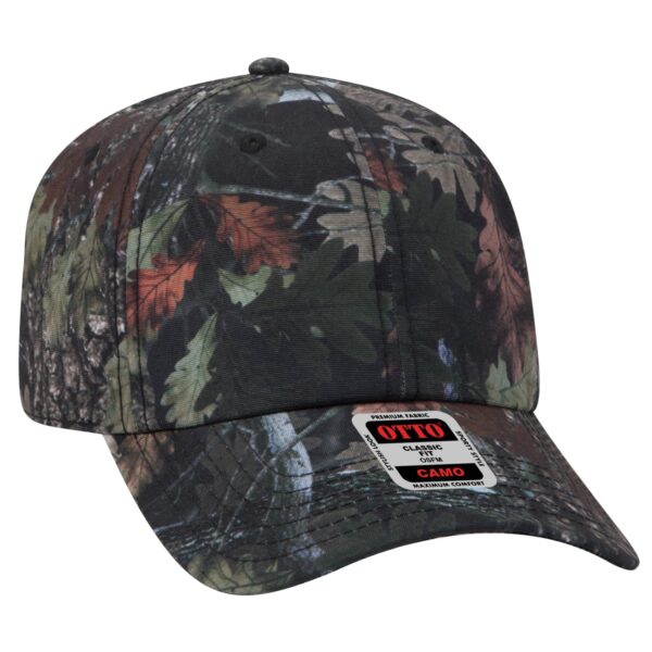 A six-panel baseball cap in a camouflage pattern featuring shades of green and brown. Includes a logo.