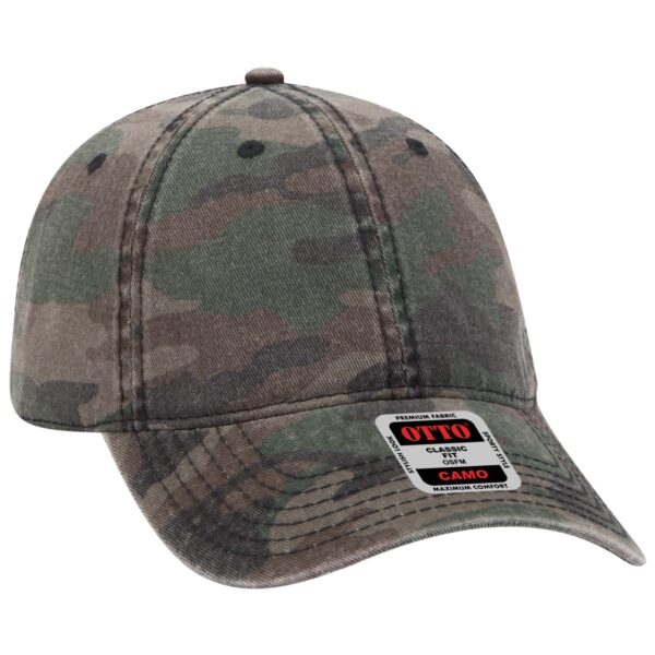 A camouflage 6-panel baseball cap with a curved brim and a branded tag. The colours include various shades of green and brown.