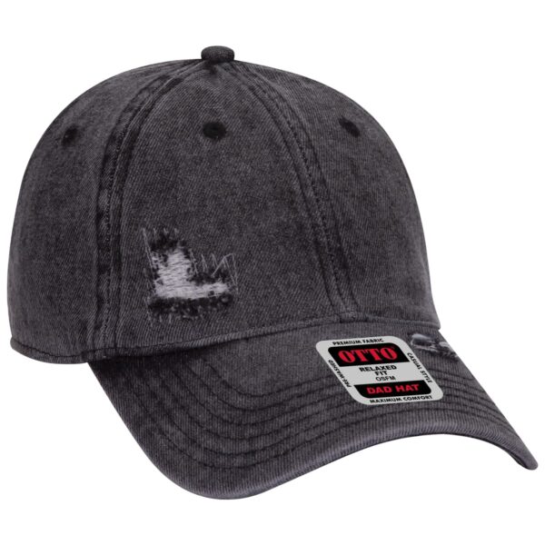 A grey 6-panel dad hat featuring a distressed design and a branded tag on the brim.