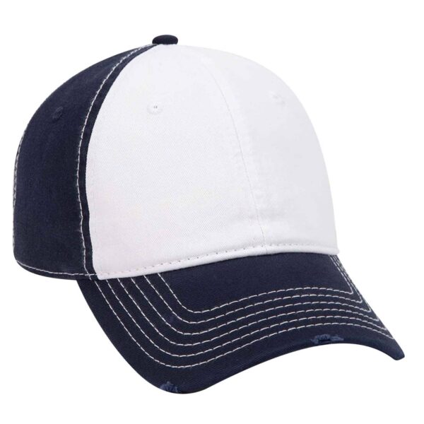 A navy and white six-panel dad hat with a curved brim and decorative stitching, featuring a logo.