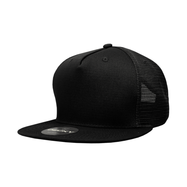 A black 5 Panel High Pro Cotton/Poly Blend Trucker cap with a mesh back and a logo.