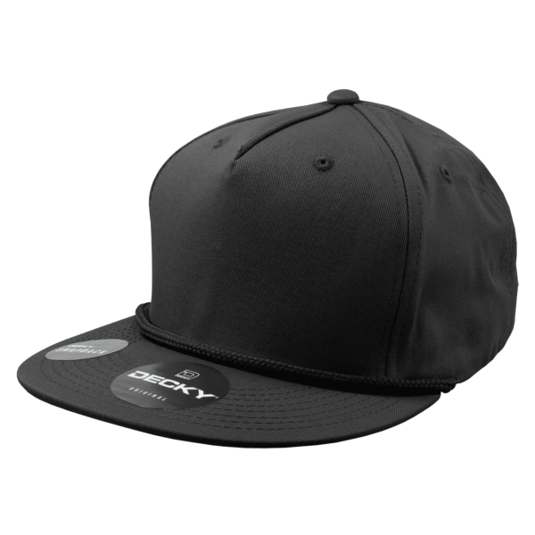 A black 5 Panel High Pro Cotton/Poly Blend Snapback cap featuring a logo and a braided band.