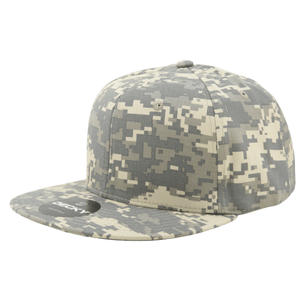 A grey camouflage six-panel snapback cap with a flat brim, featuring a logo on the front.