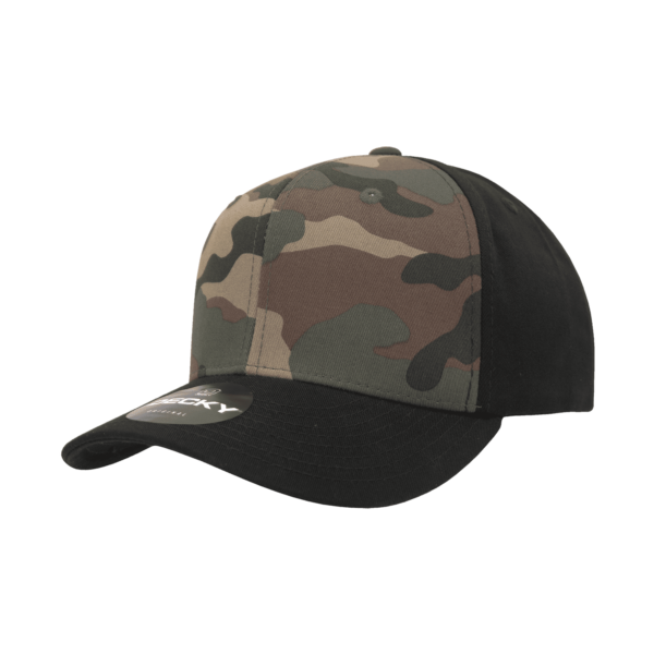 A camouflage cap with a black peak, featuring a logo on the front, in a six-panel design.