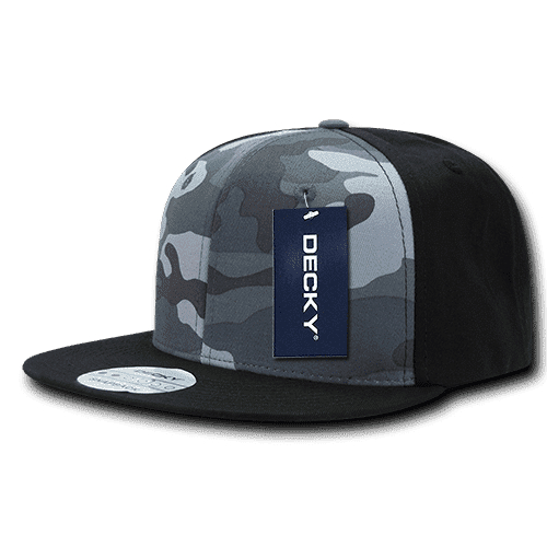 A grey and black camo snapback cap featuring a flat brim and a branding tag on the side.