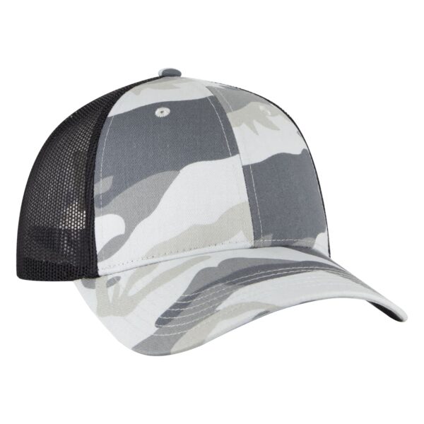 A grey and white camo 6-panel trucker hat with a black mesh back and curved brim. It features a logo on the front.