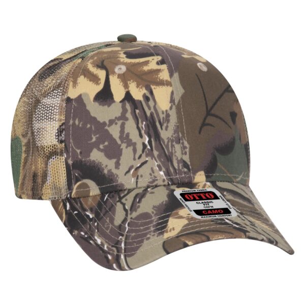 A 6-panel trucker hat in camouflage colours featuring a patterned design and mesh back, with a logo on the front.