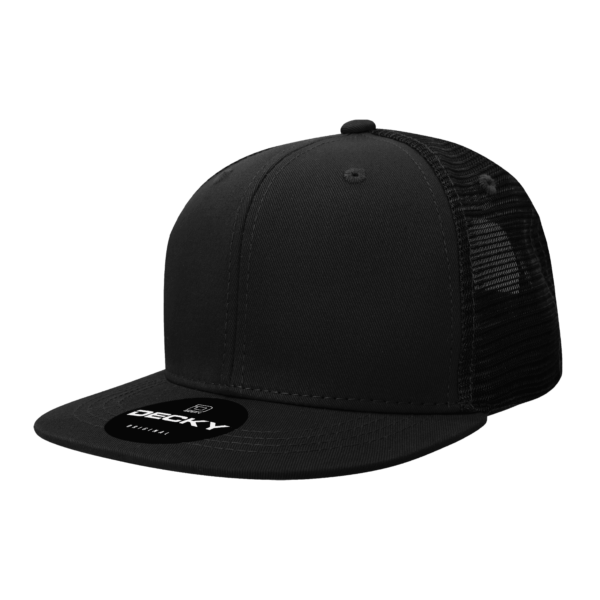 A black 6-panel high-profile trucker cap with a mesh back and a logo on the front.