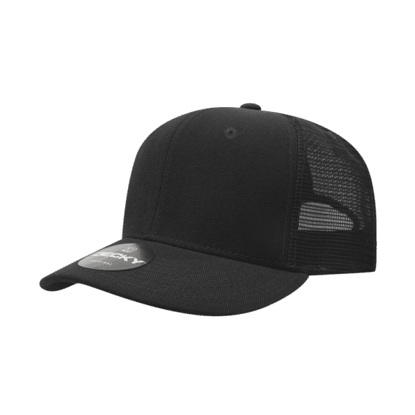A black 6-panel trucker cap with a mesh back and a logo on the side.