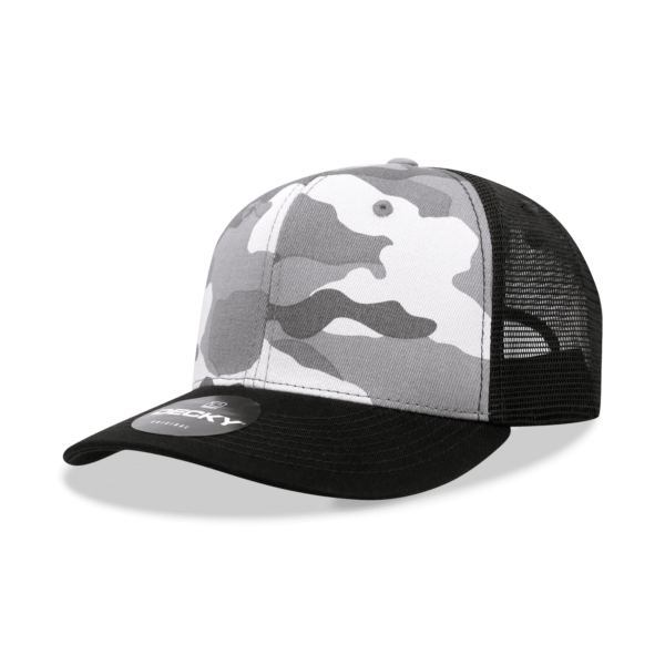 A grey and black camo trucker cap with a mesh back and a logo on the front.