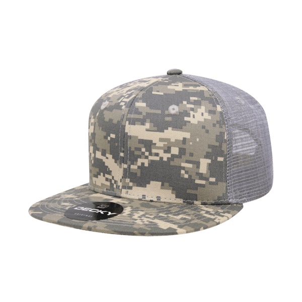 A grey and camo 6-panel trucker cap with a mesh back and a branded logo on the brim.