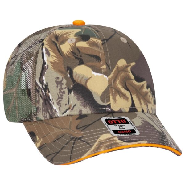 A camouflage 6 panel trucker hat with a mesh back and an orange accent, featuring a logo on the front.