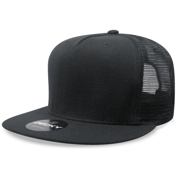 A black 5-panel high profile trucker cap with a mesh back and a branded tag.