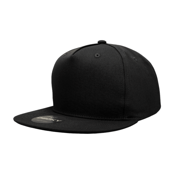 A black 5 Panel High Pro Cotton/Poly Blend Snapback cap with a flat brim and a logo on the front.