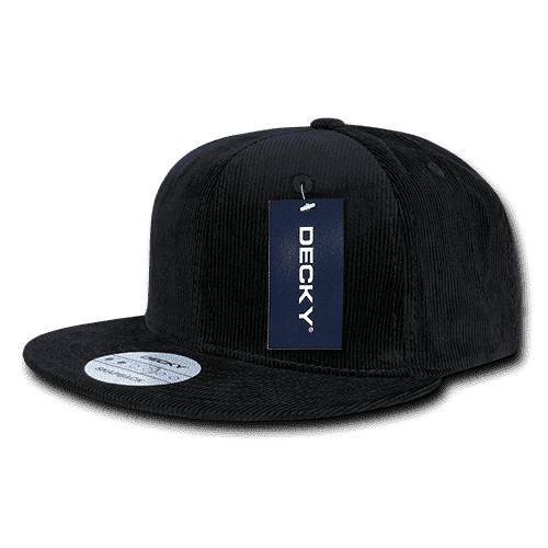 A black corduroy snapback cap featuring a flat brim and a branding tag.