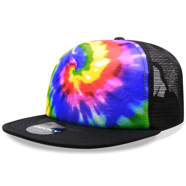 A 5 Panel High Pro Tie Dye Trucker hat featuring vibrant multicoloured patterns and a black mesh back.