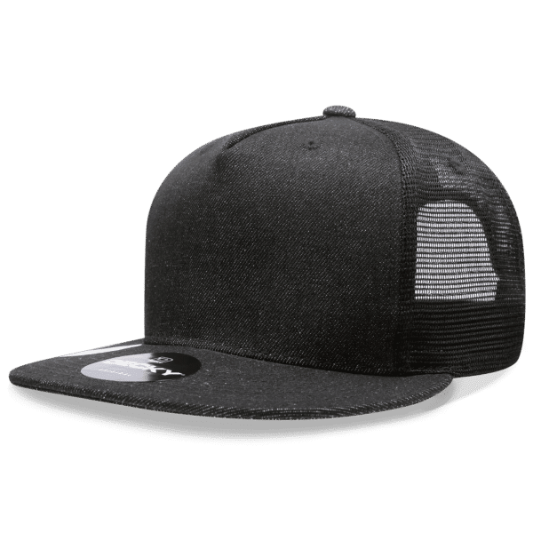 A black denim trucker cap featuring a 5-panel design and a mesh back. It has a branded label on the side.