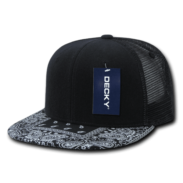 A black trucker cap featuring a bandanna-style patterned brim and a mesh back, with a label attached.