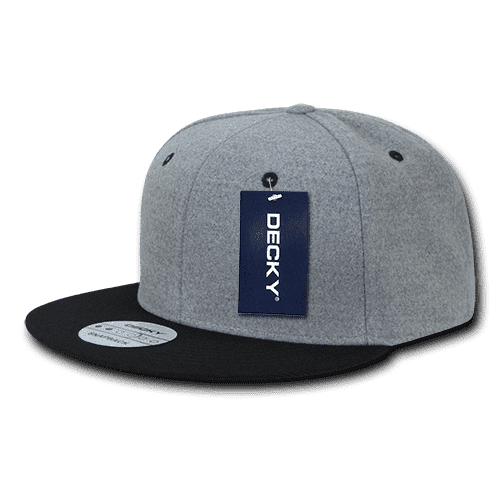 A grey and black snapback cap with a flat brim and a tag, featuring a logo on the front.