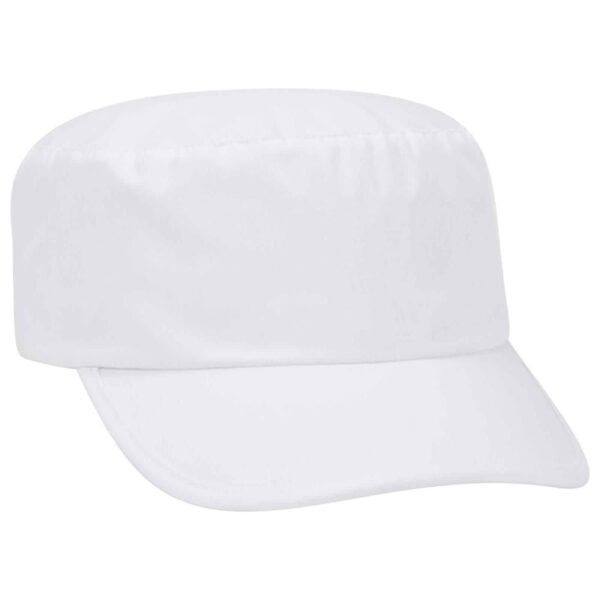 A white painter cap with a flat top and a curved brim, featuring a branding logo.