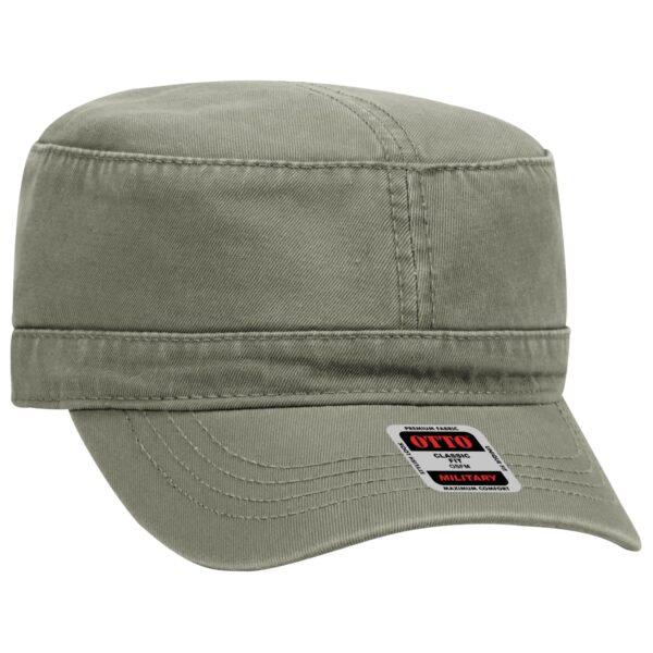 A military-style hat in olive green with a flat top and short brim, featuring a branding label.