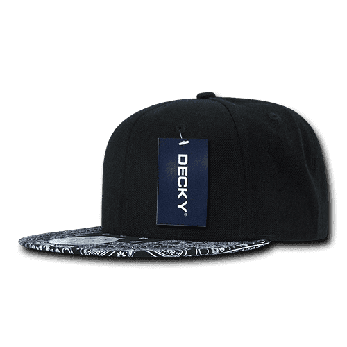 A black snapback cap with a patterned bill and a logo tag attached.