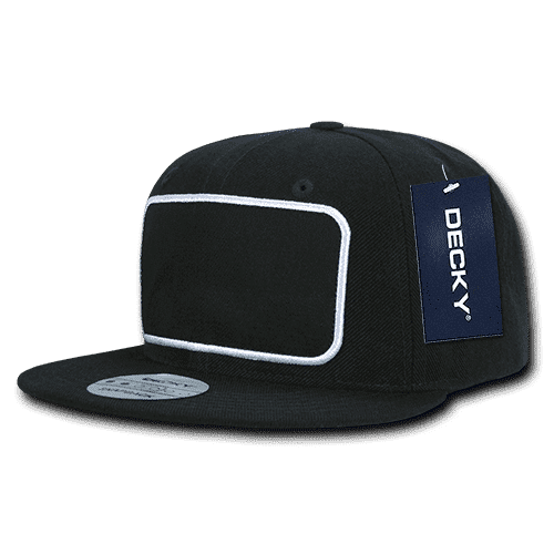 A black 6 panel high profile snapback cap with a structured design and a patch area for customisation.