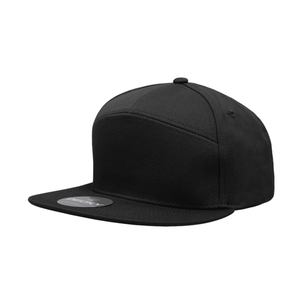 A black 7 panel high pro cotton/poly blend cap with a flat brim and a branded logo.
